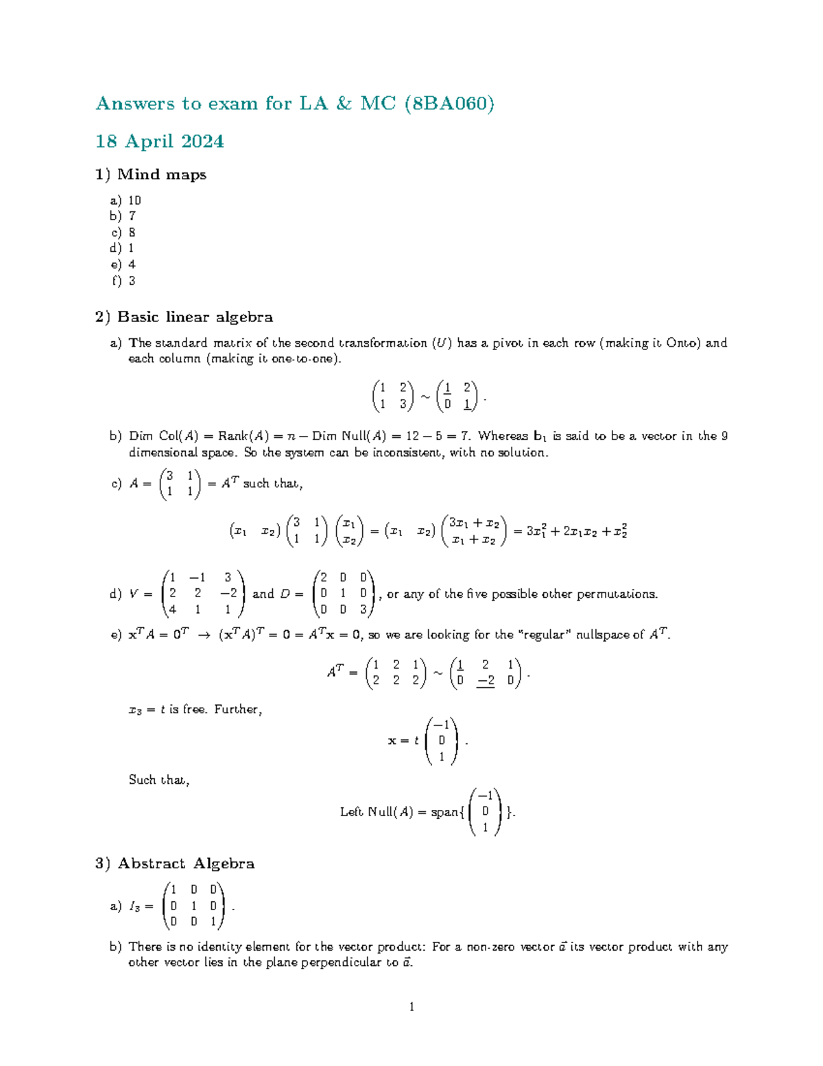 Answers to Exam for LA MC (8BA060) - Algebra Test Notes - Studeersnel