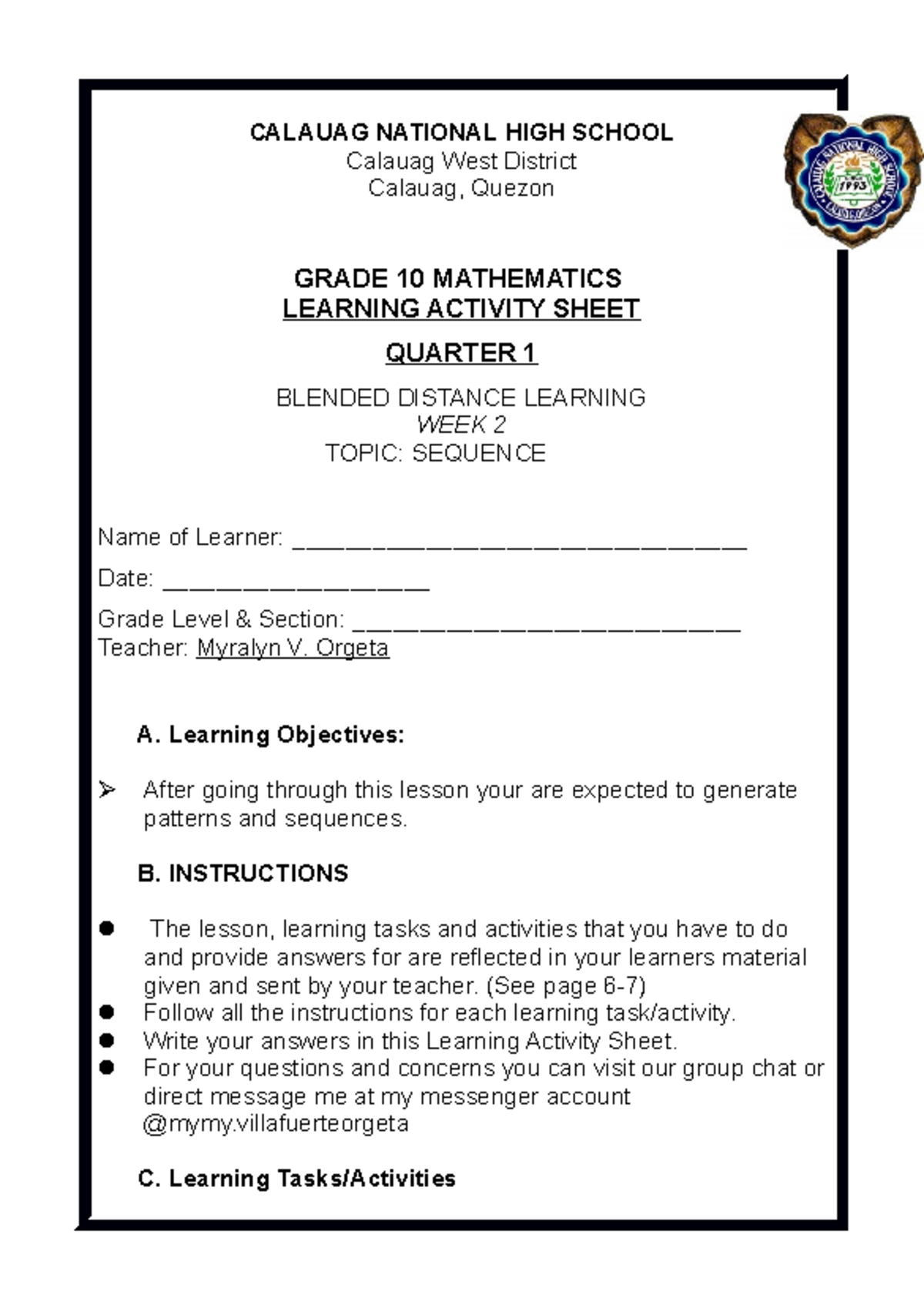 Learning Activity Sheet Q1W2 - MATH 10: Patterns & Sequences - Studocu