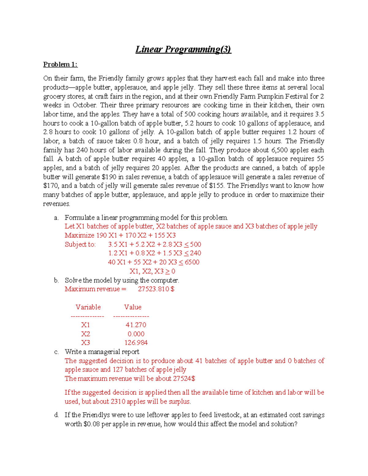 OPMG 302 Final Exam Linear Programming Exercise Sheet 3 - Studocu