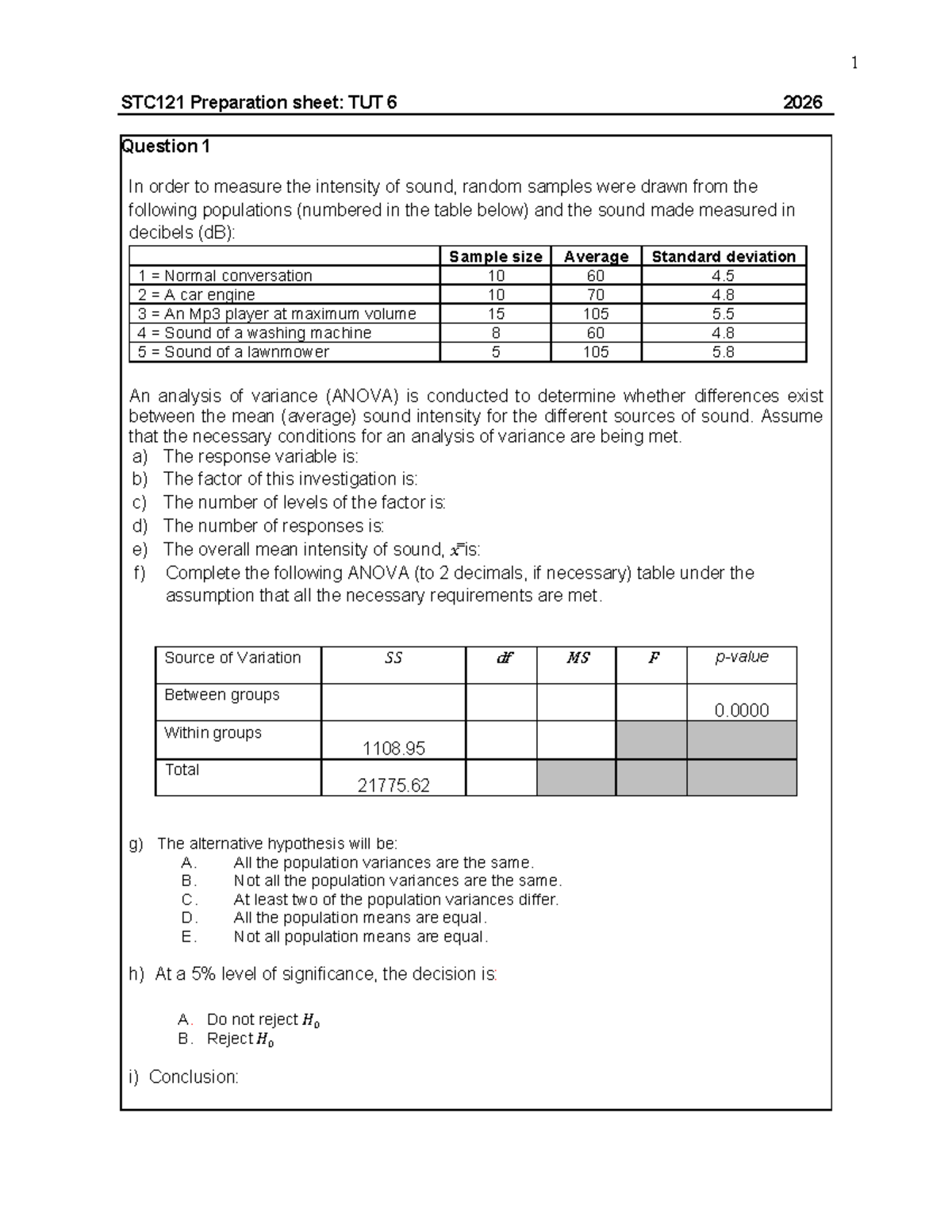 STC121 Final Exam Preparation: ANOVA Analysis and Hypothesis Testing ...