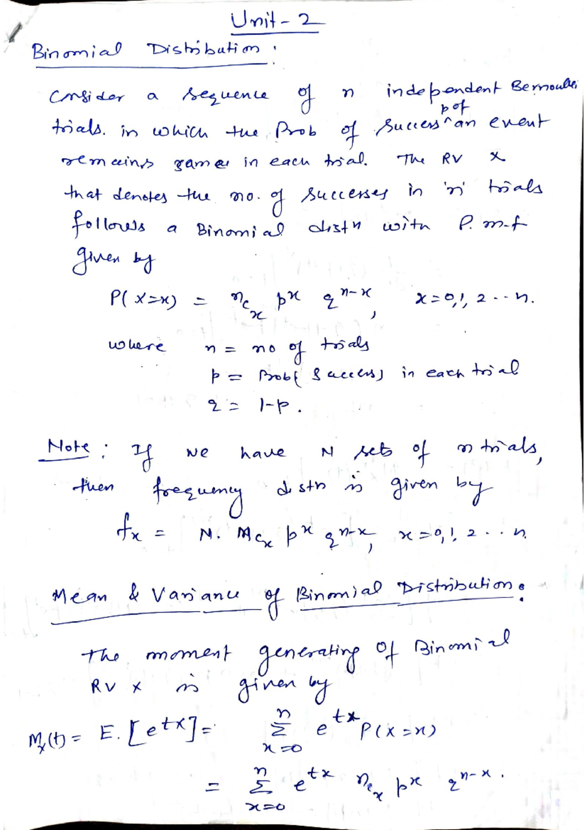 Unit-2 - Unit 2 Binomial transformation - 2 Binomial Distribution ...