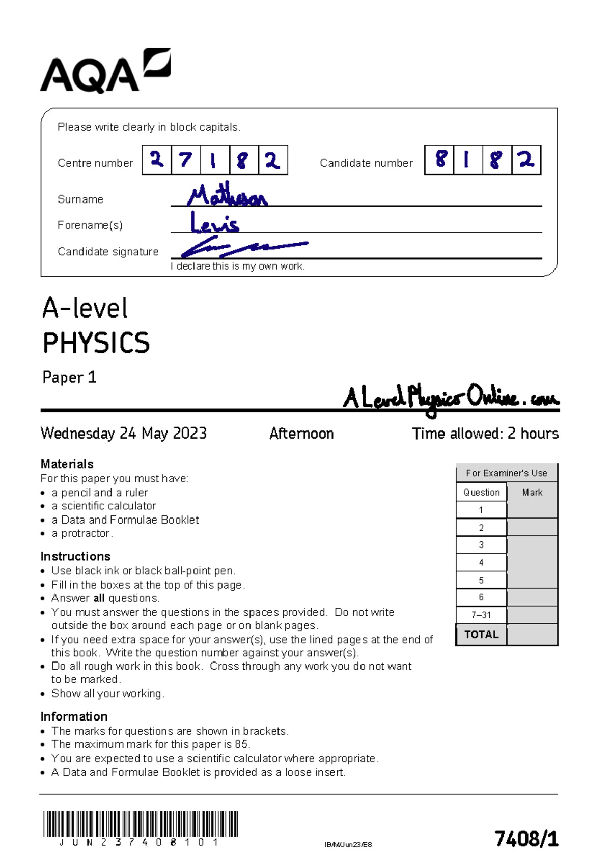 AQA A Level Physics Paper 1 June 2023 Worked Solutions - Studocu