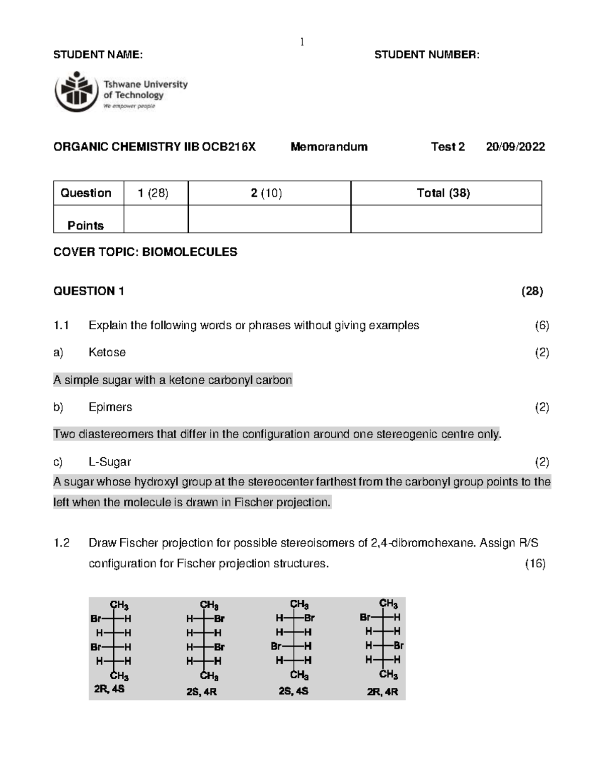 OCB216X Test 2 Memo: Organic Chemistry IIB - Biomolecules Insights ...