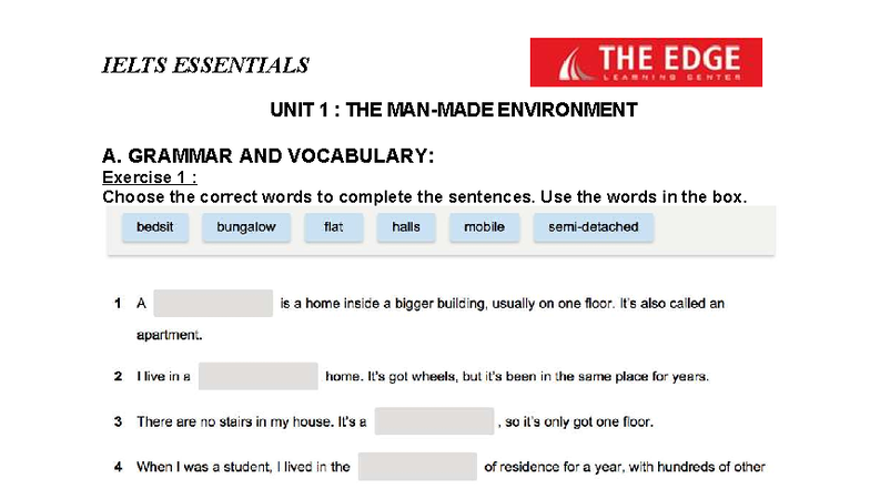 IELTS ESSENTIALS UNIT 1: ENVIRONMENT GRAMMAR & VOCABULARY EXERCISES ...