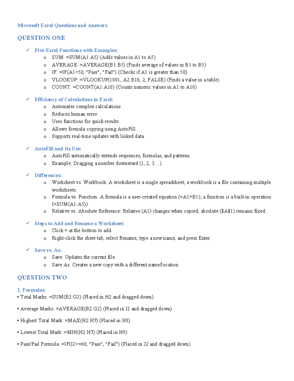 Excel Functions & Calculations: Q&A for Course CODE 101 - Studocu