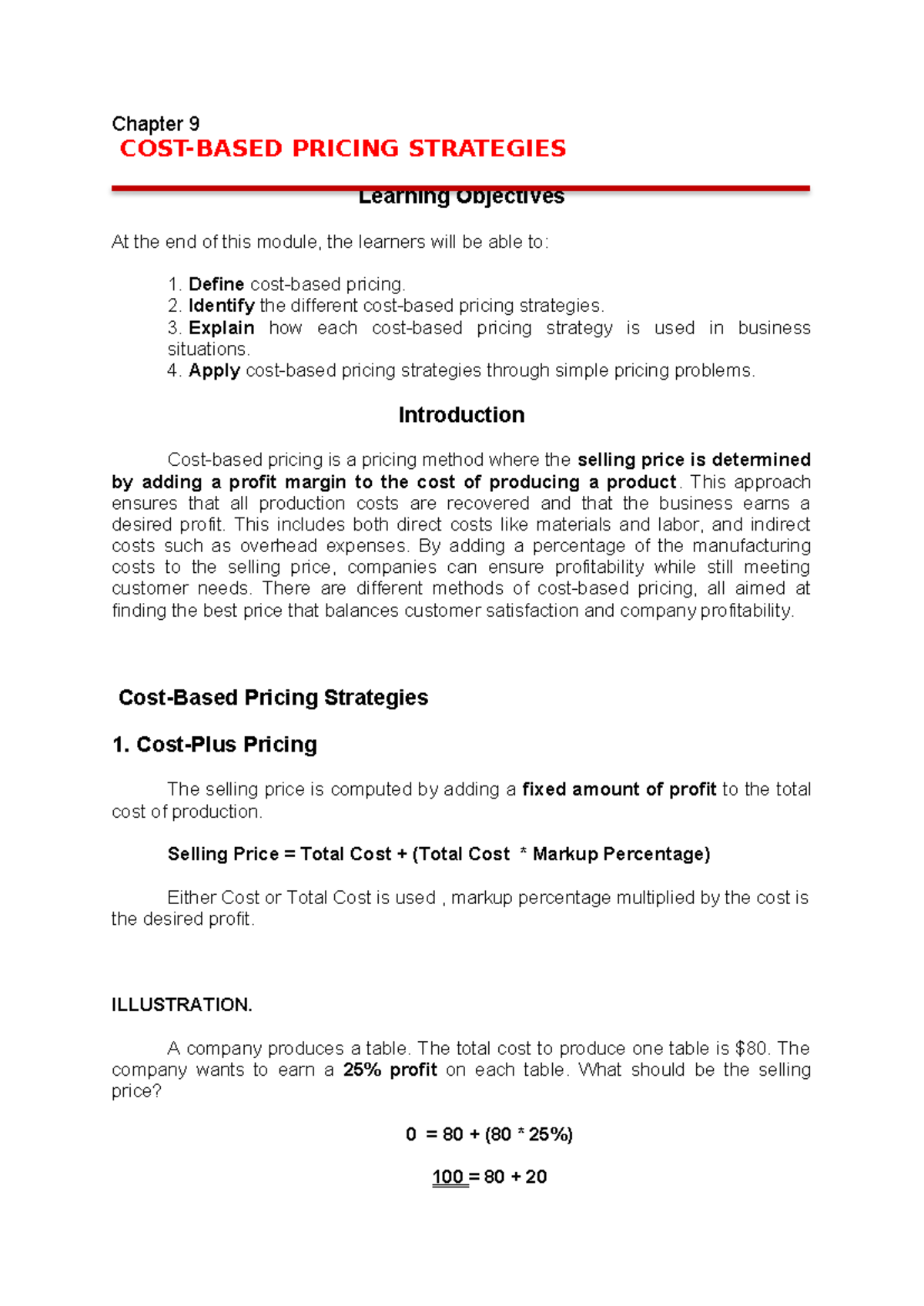 Chapter 9: Pricing Strategies - Cost-Based Pricing Methods - Studocu