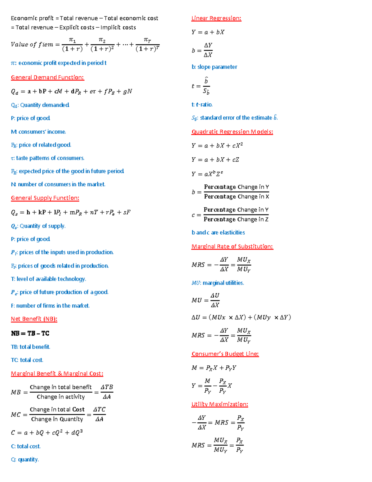 ECO510 - Economic Profit & Cost Formulas - Course Notes - Studocu