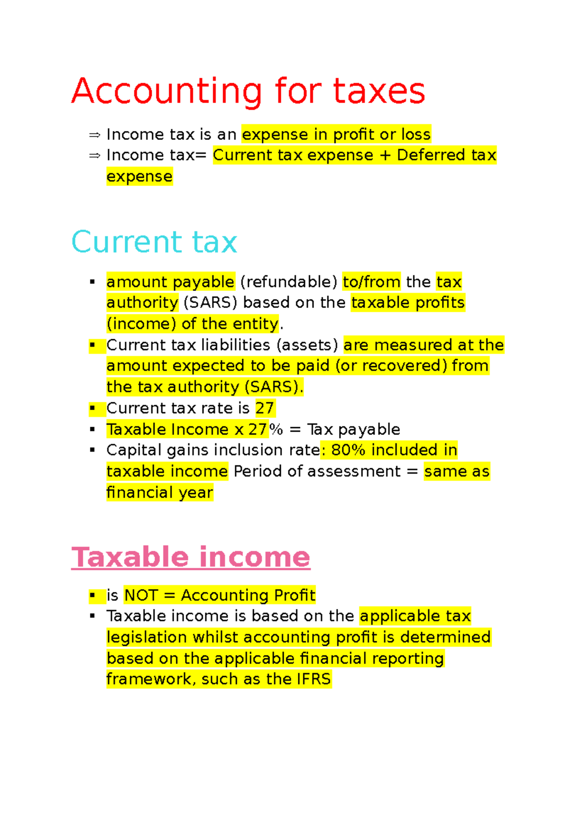 Accounting for Taxes: Key Concepts and Lecture Summary Notes - Studocu