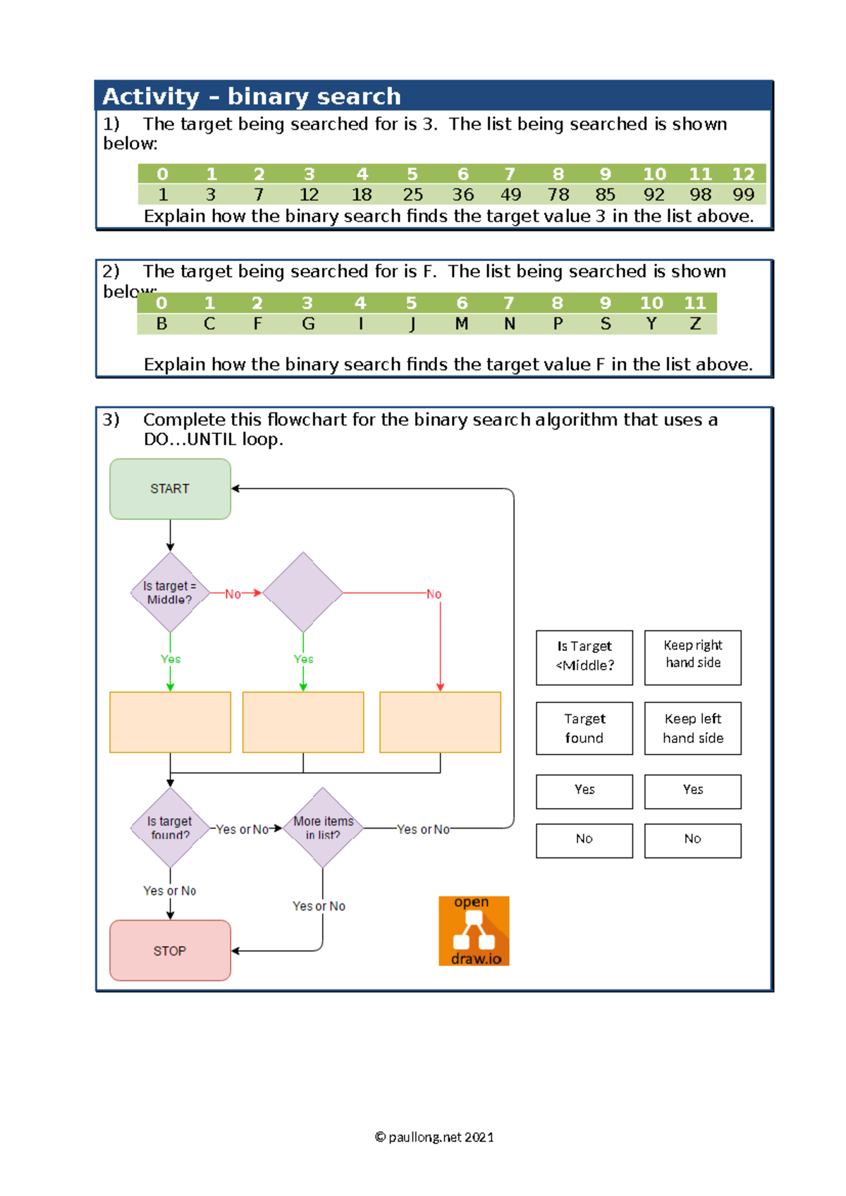 Activity - binary search - Activity – binary search 1) The target being ...