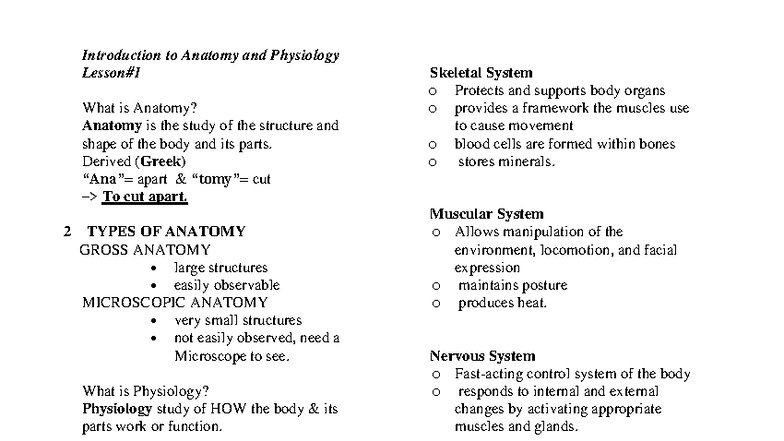 L1 Intro to Anatomy & Physiology: Key Concepts and Overview - Studocu