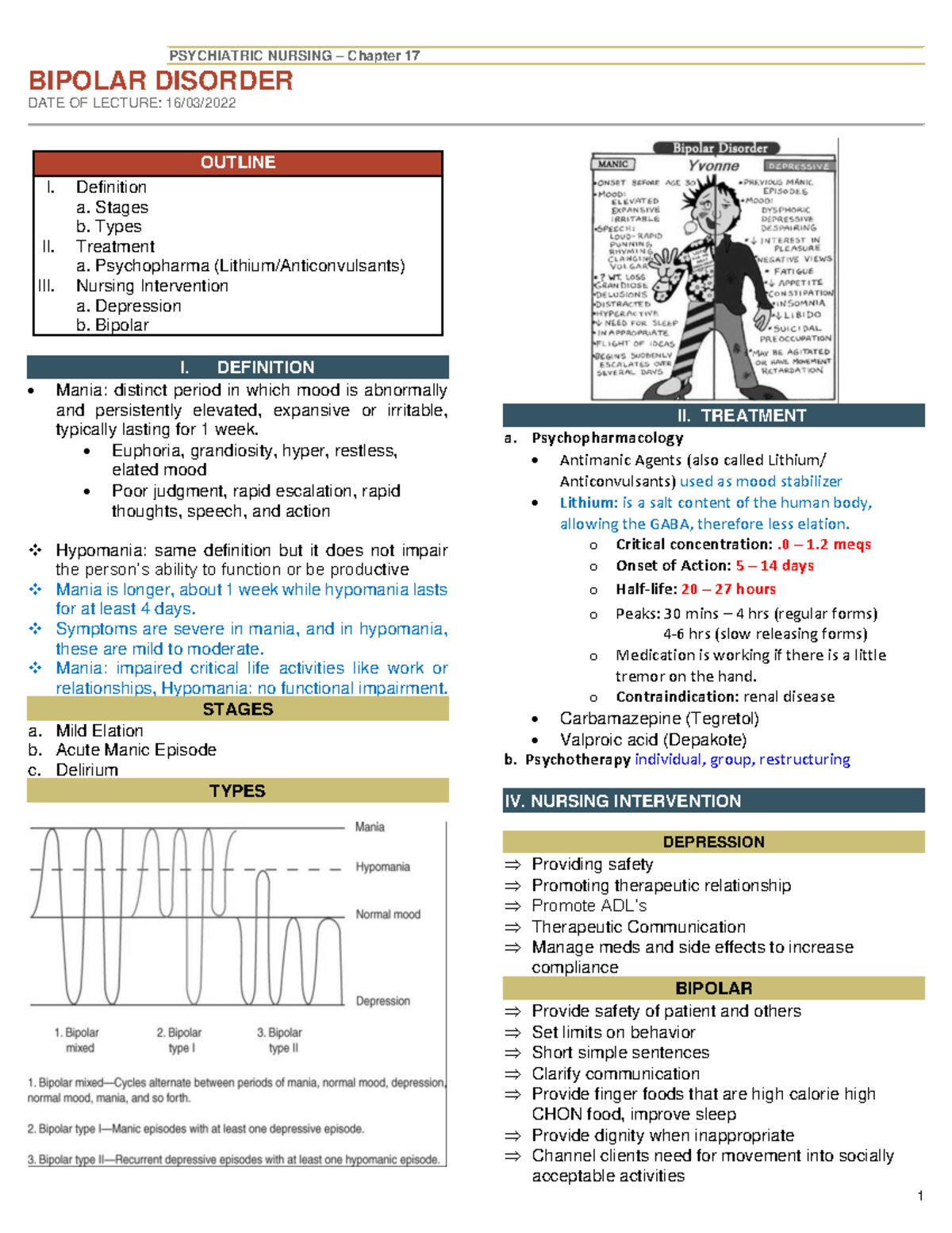 17 - Study! - PSYCHIATRIC NURSING – Chapter 17 BIPOLAR DISORDER DATE OF ...