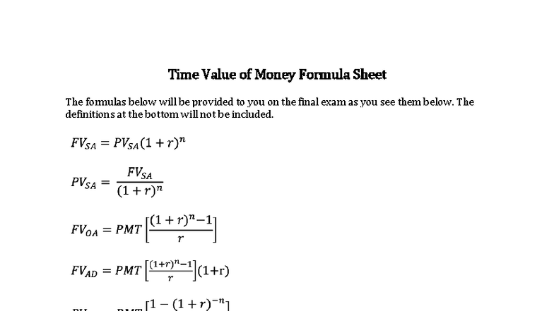 Content - Textbook - Time Value of Money Formula Sheet The formulas ...