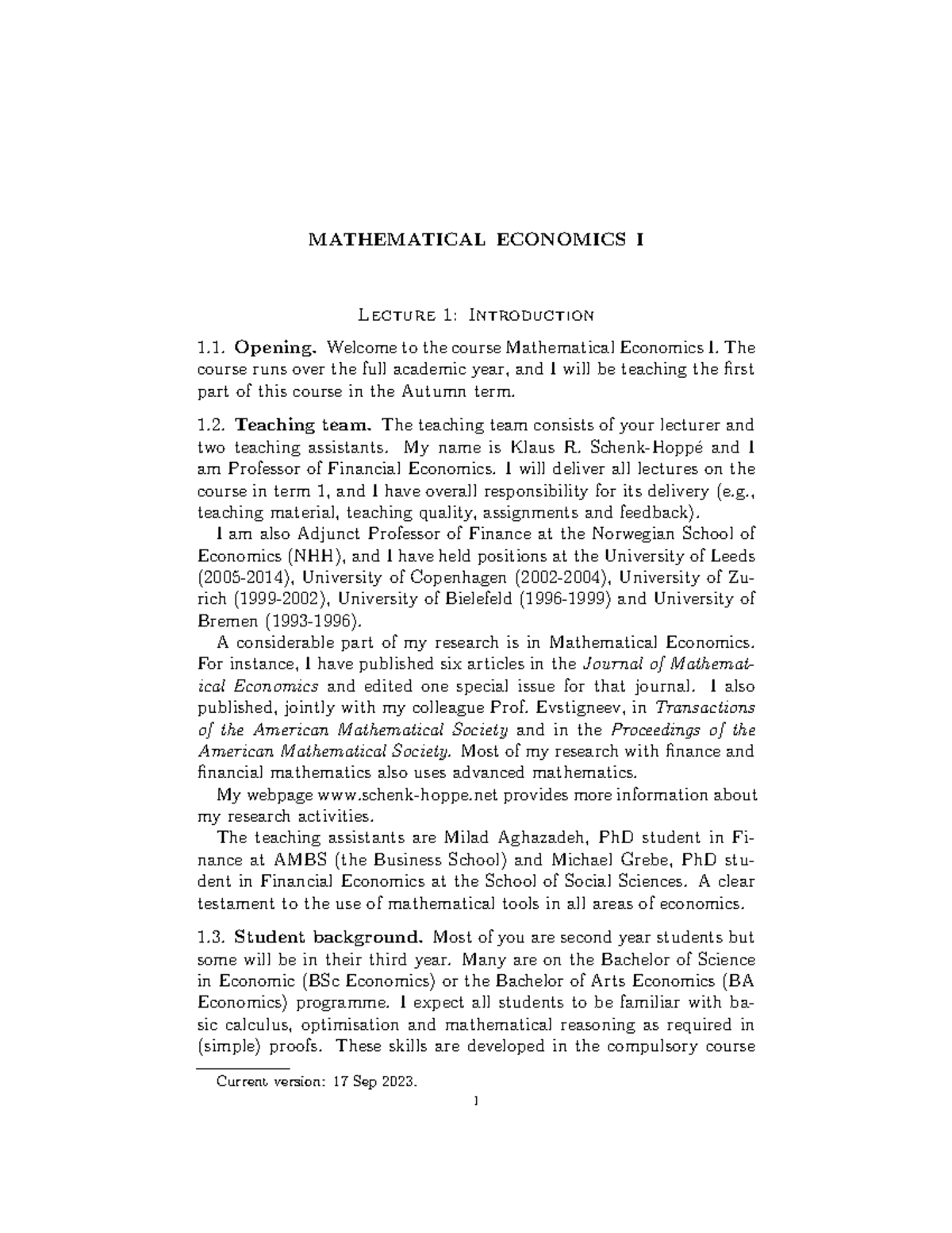 Mathematical economics I lecture 1: Introduction to the course - Studocu