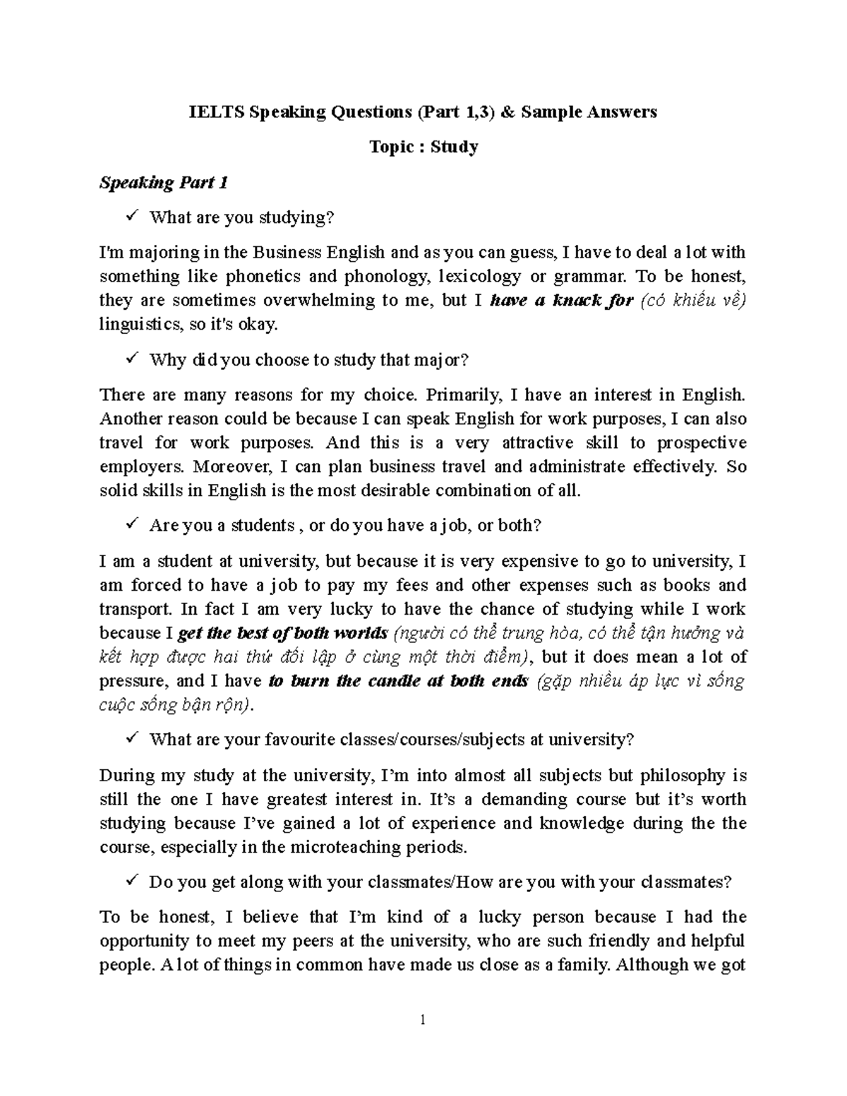 IELTS Speaking Questions on Study: Part 1 & 3 with Sample Answers - Studocu