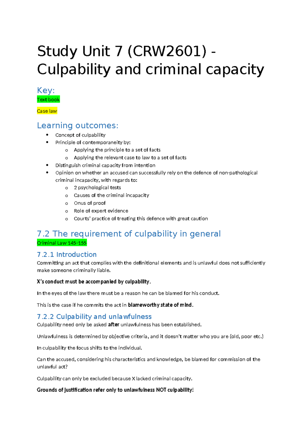 Culpability and Criminal Capacity Overview (CRW2601) - Studocu