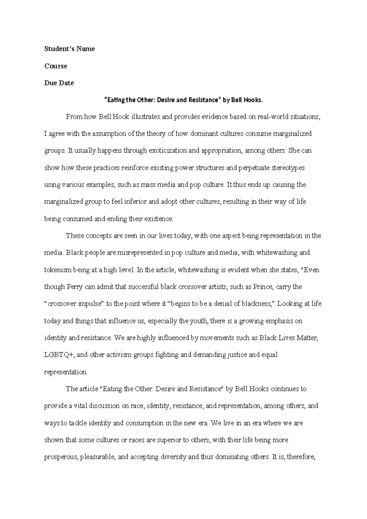 ENG 202 Essay Notes on Bell Hooks 