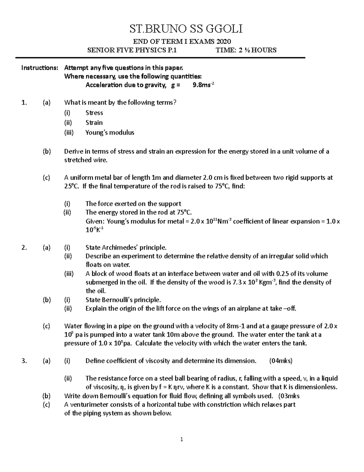 S5 Physics P.1 Final Exam Paper - Detailed Questions and Answers - Studocu
