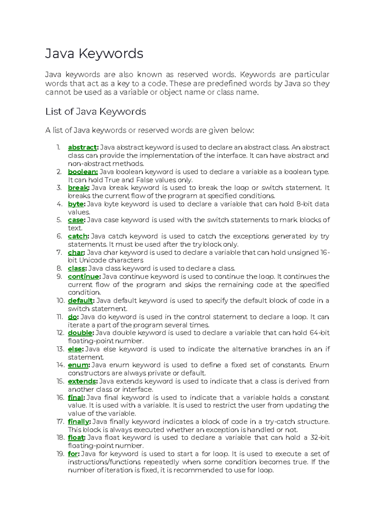 Java Keywords Overview - OOP JAVA - Studocu