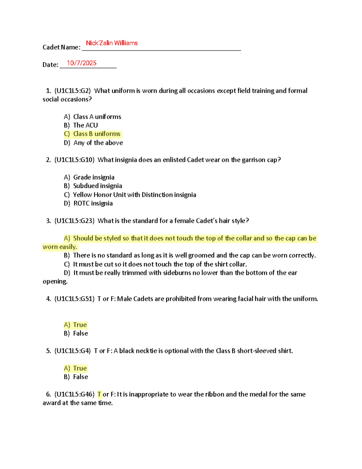 JROTC (U1C1L5) Personal Appearance & Uniform Exam Answer Key - Studocu