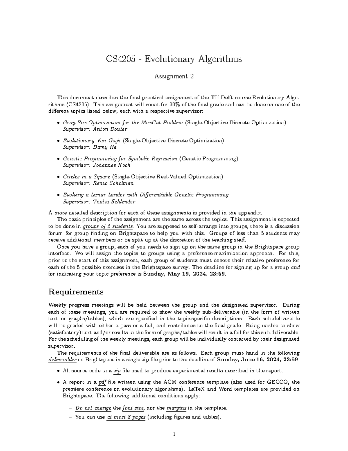 CS4205 Final Assignment: Evolutionary Algorithms Practical Overview ...