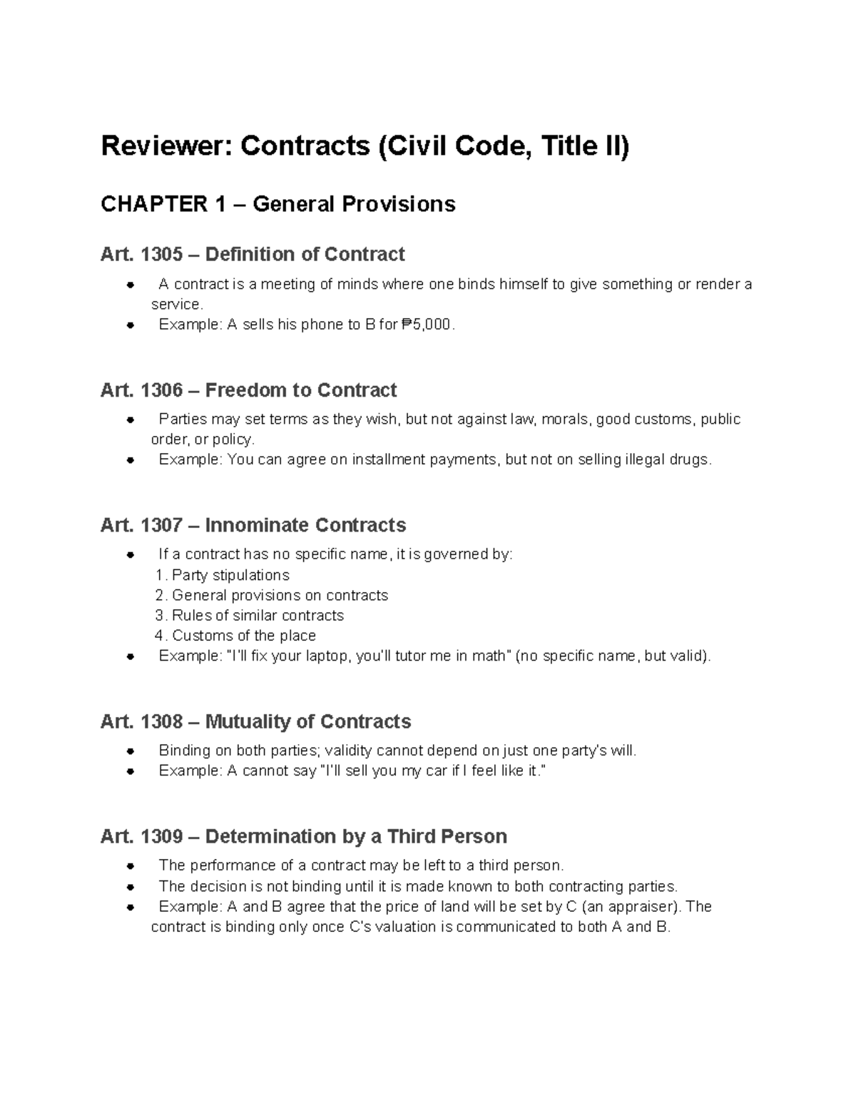 Contracts Reviewer (Civil Code, Title II) Art. 1305-1422 - Studocu