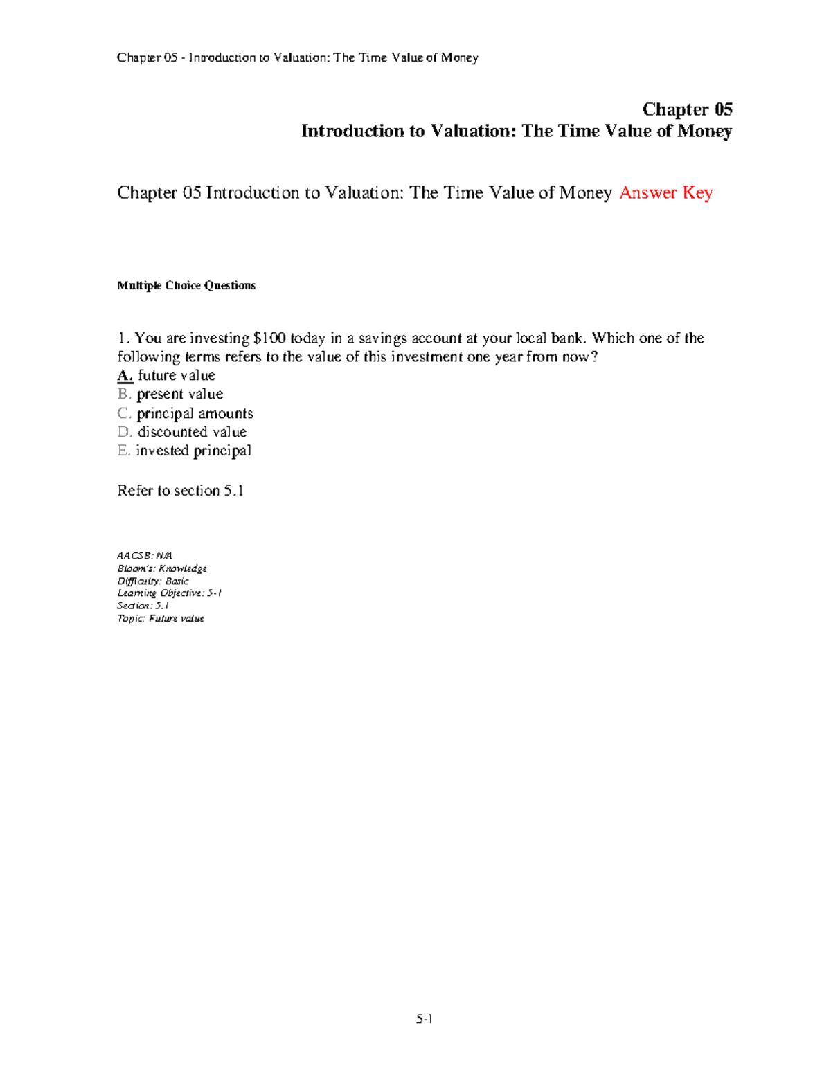 Chapter 05 - Valuation Insights: Time Value of Money Test Bank - Studocu