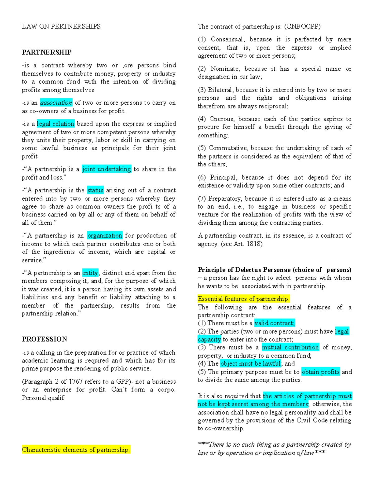 Partnership Law Reviewer (CNBOCPP) - Key Concepts and Principles - Studocu