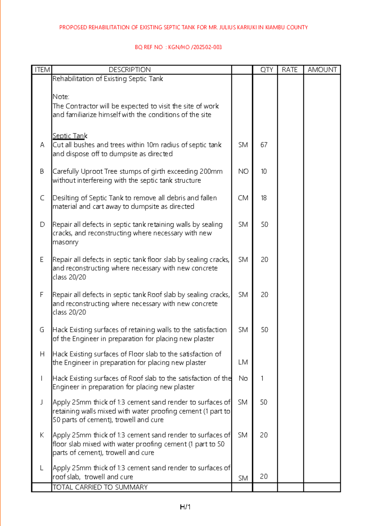Septic Rehabilitation Bill of Quantities (BOQ) for KGN/HO/202502 - Studocu