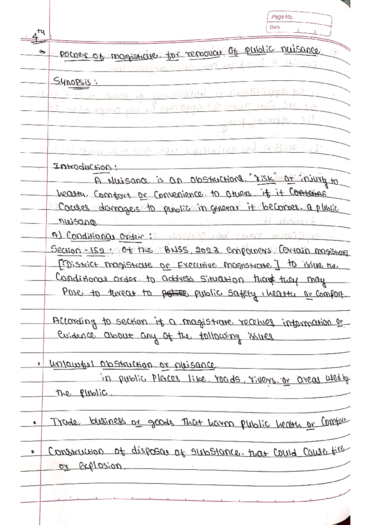 BNSS 4th - Handwritten Notes on Chapter 4: Public Nuisance Powers - Studocu