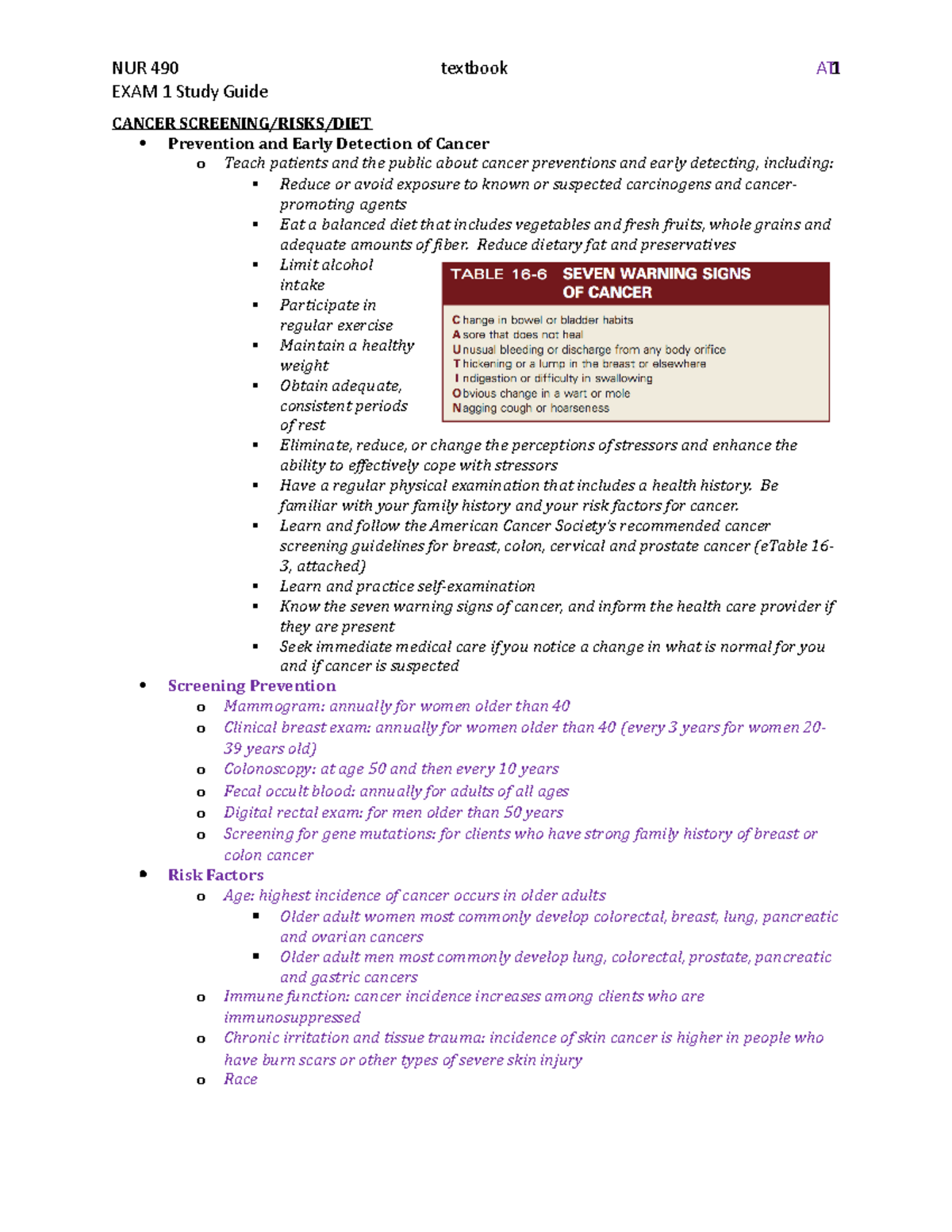 Exam 1 Study Guide for Cancer Screening, Risks, and Treatment - Studocu