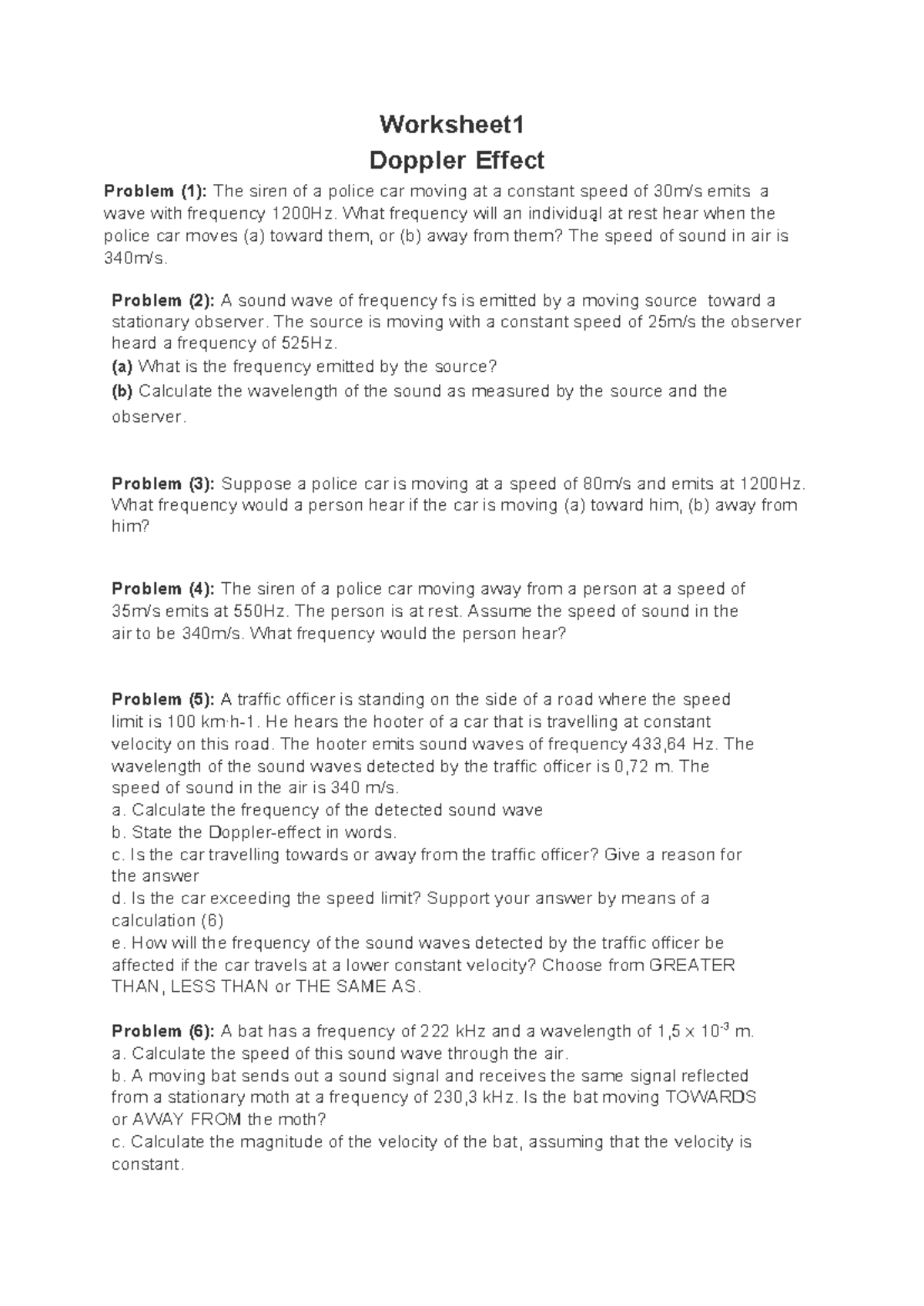 Doppler Effect - Worksheet 1 Problems and Solutions - Studocu