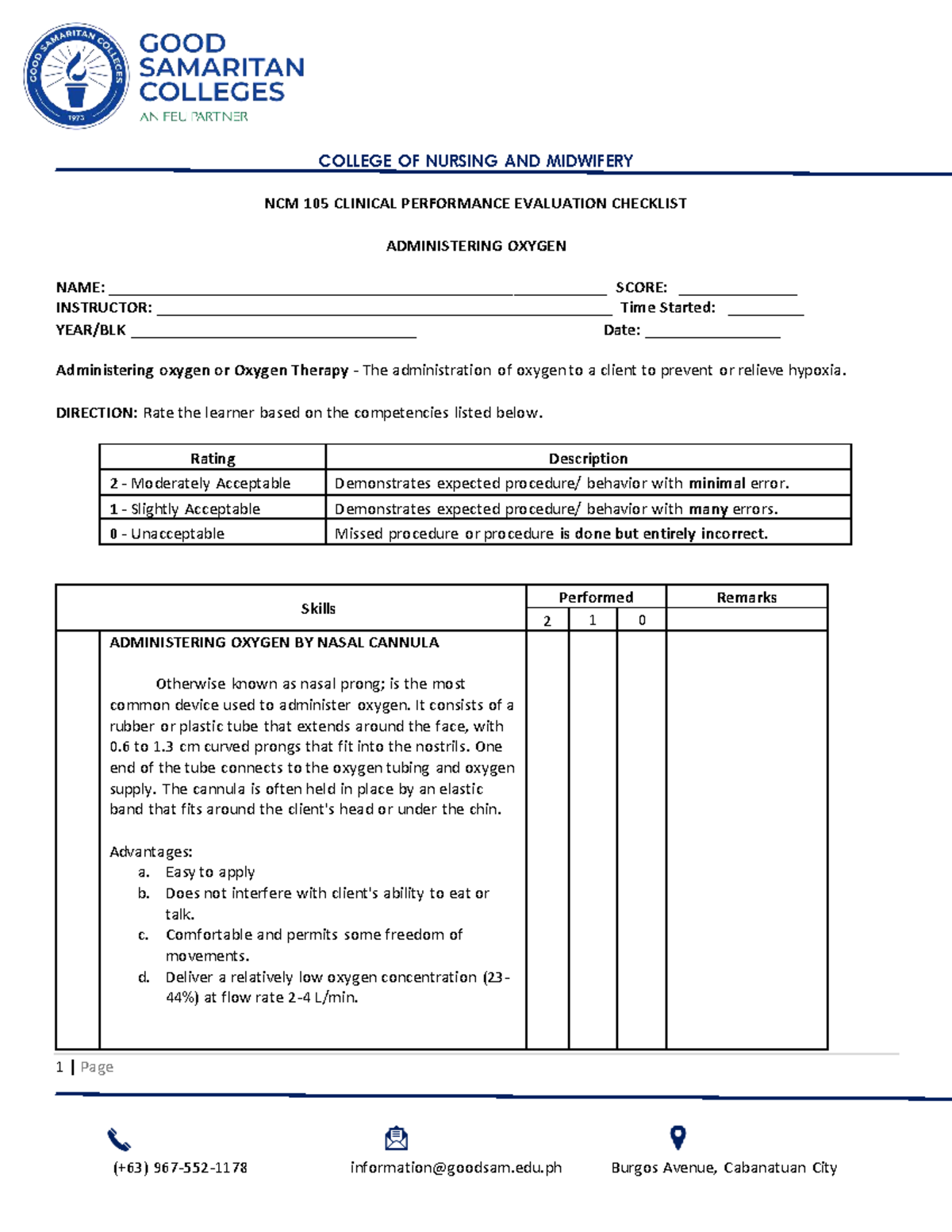 NCM 105 Clinical Performance Evaluation: Oxygen Administration ...