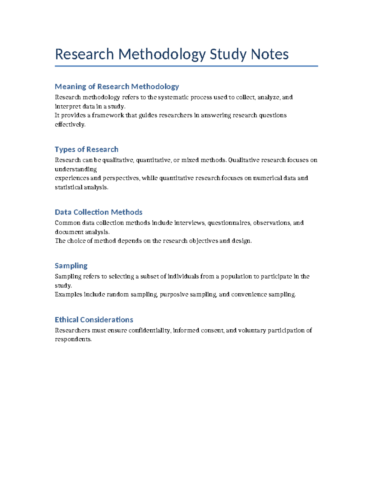 Research Methodology Study Notes: Types, Methods & Ethics - Studocu