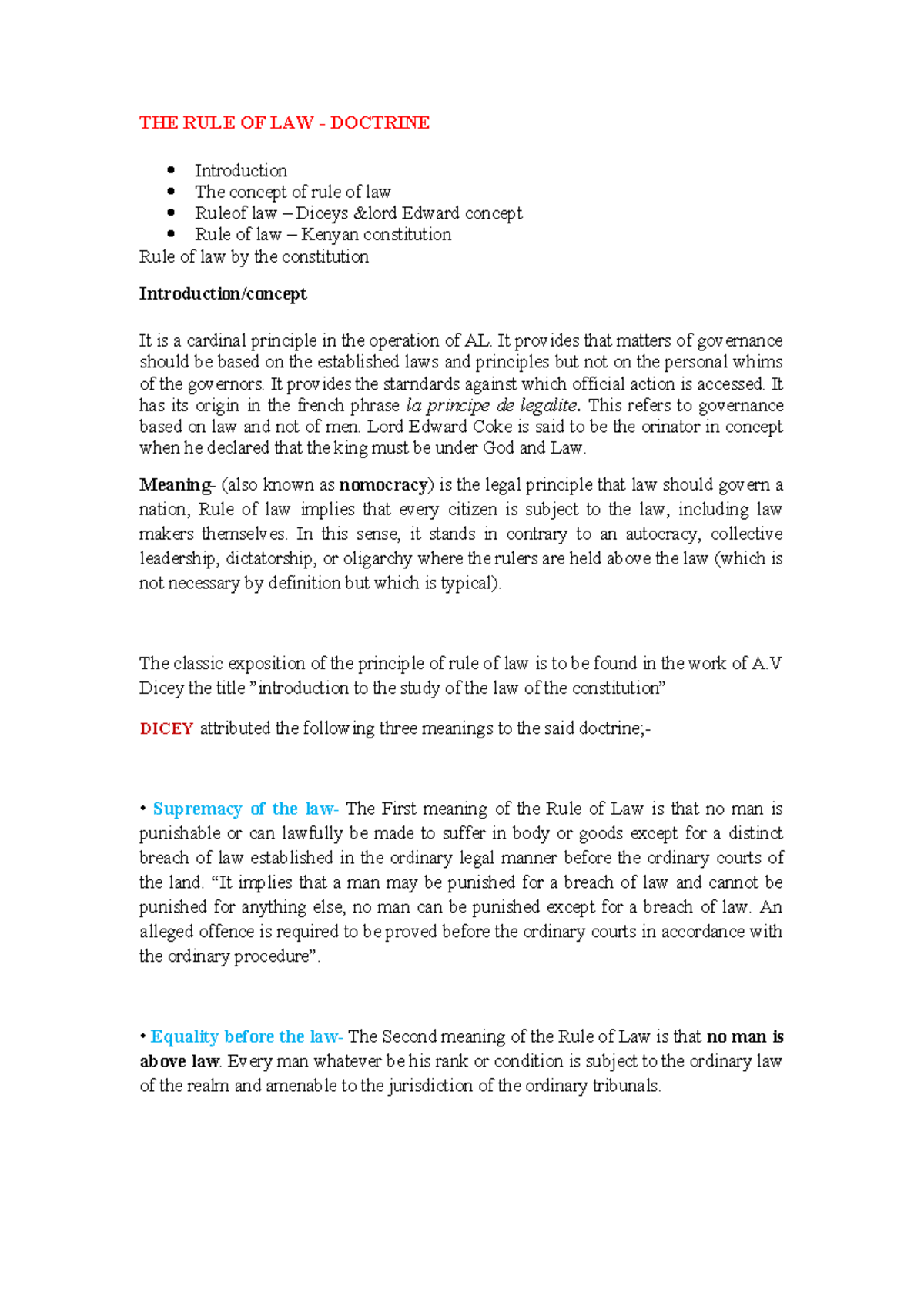 LAW 101 - Lecture Notes on the Rule of Law Doctrine and Principles ...