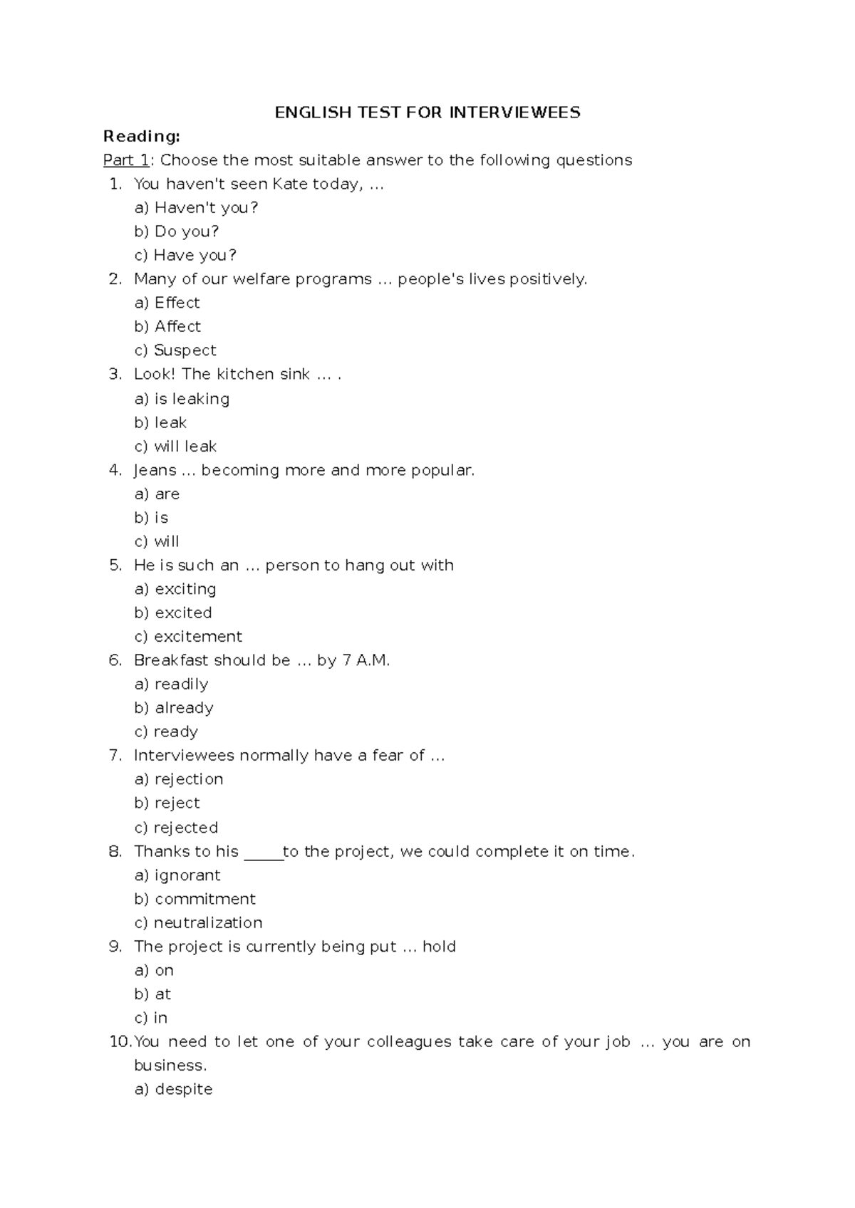 English TEST FOR Interviewees - ENGLISH TEST FOR INTERVIEWEES Reading ...