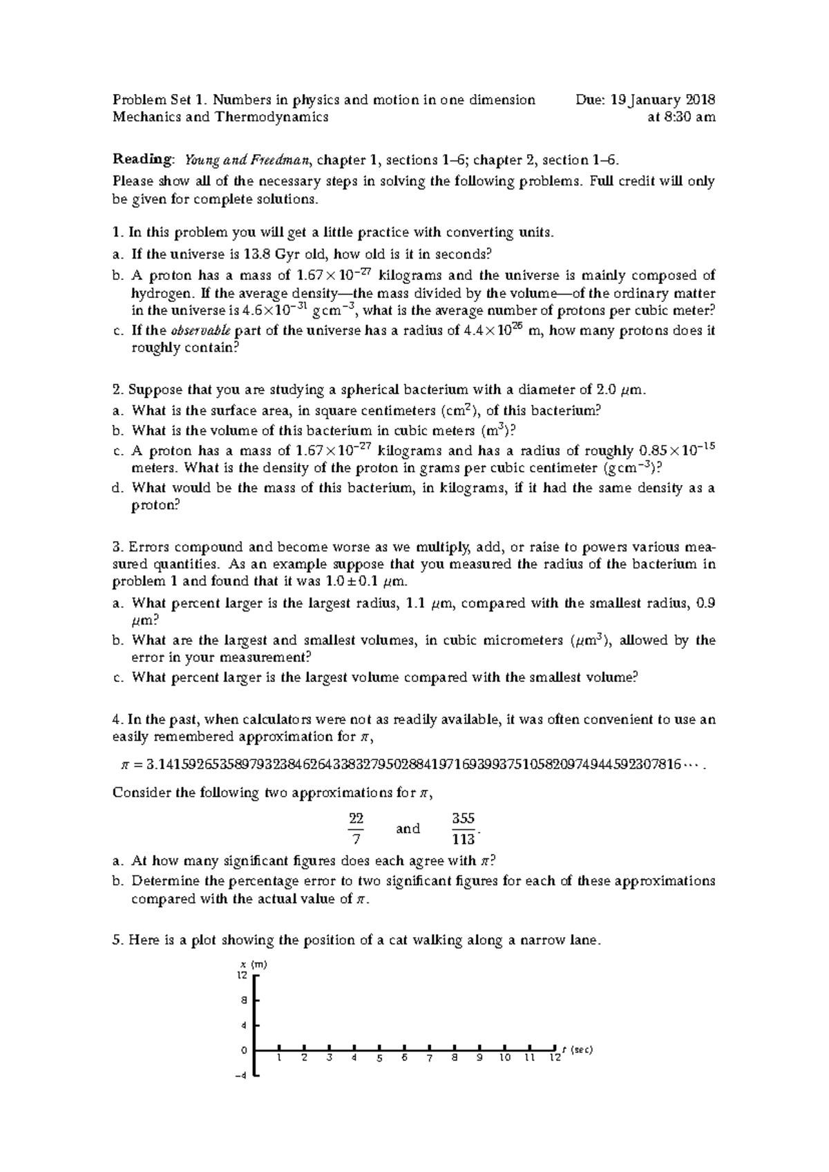 Problem Set 1: Physics of Motion in One Dimension (Mechanics & Thermo ...