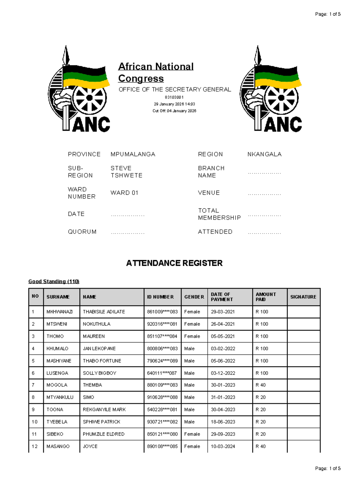 Attendance Register for ANC Branch Meeting - 83103001 - Studocu