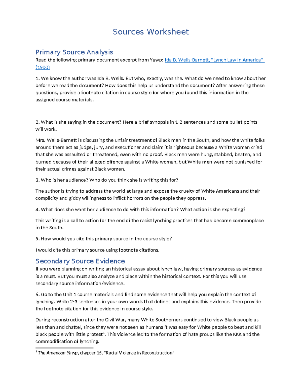 HIST 1302 Sources Worksheet: Analyzing Ida B. Wells' Primary Document ...