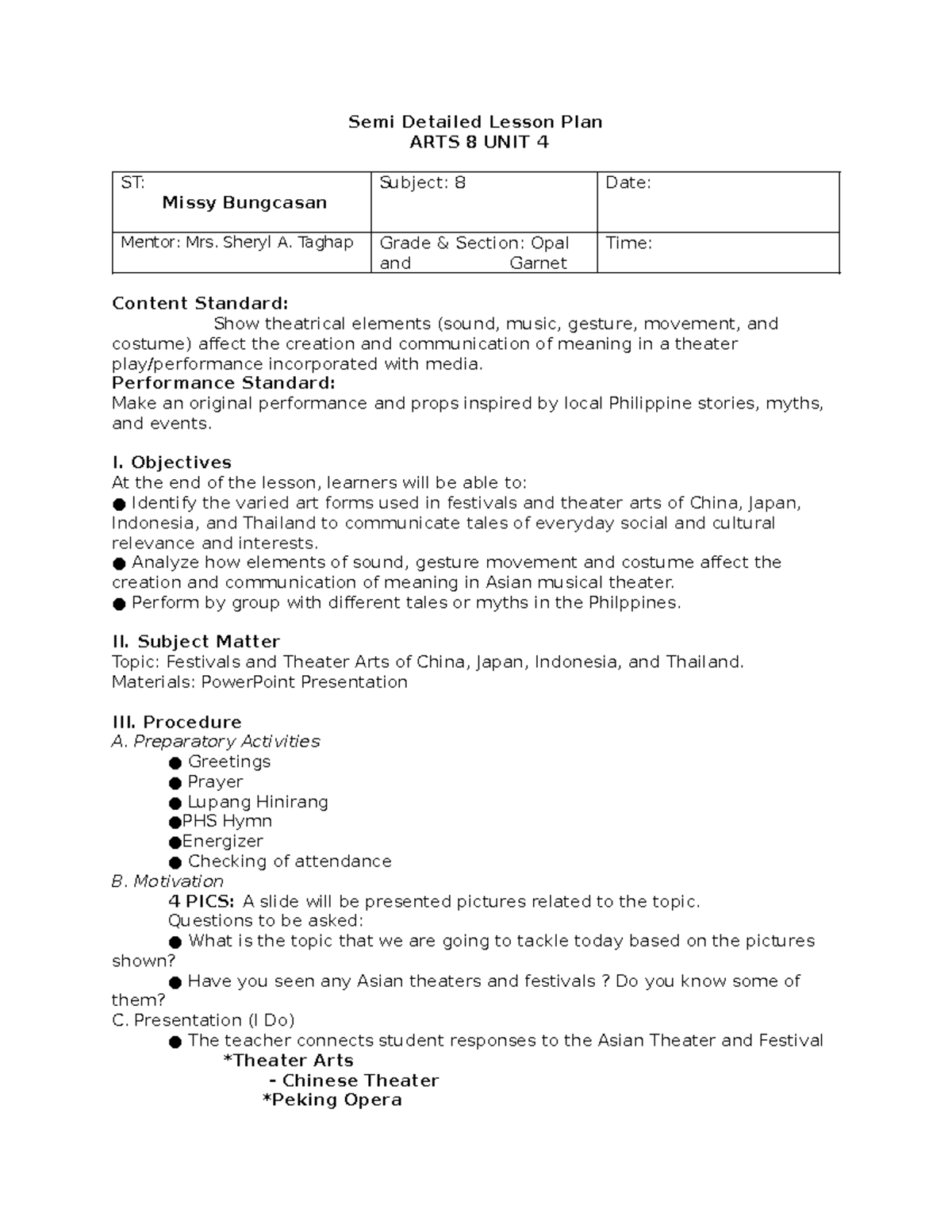 Semi Detailed Lesson Plan for ARTS 8: Theater & Festivals of Asia - Studocu