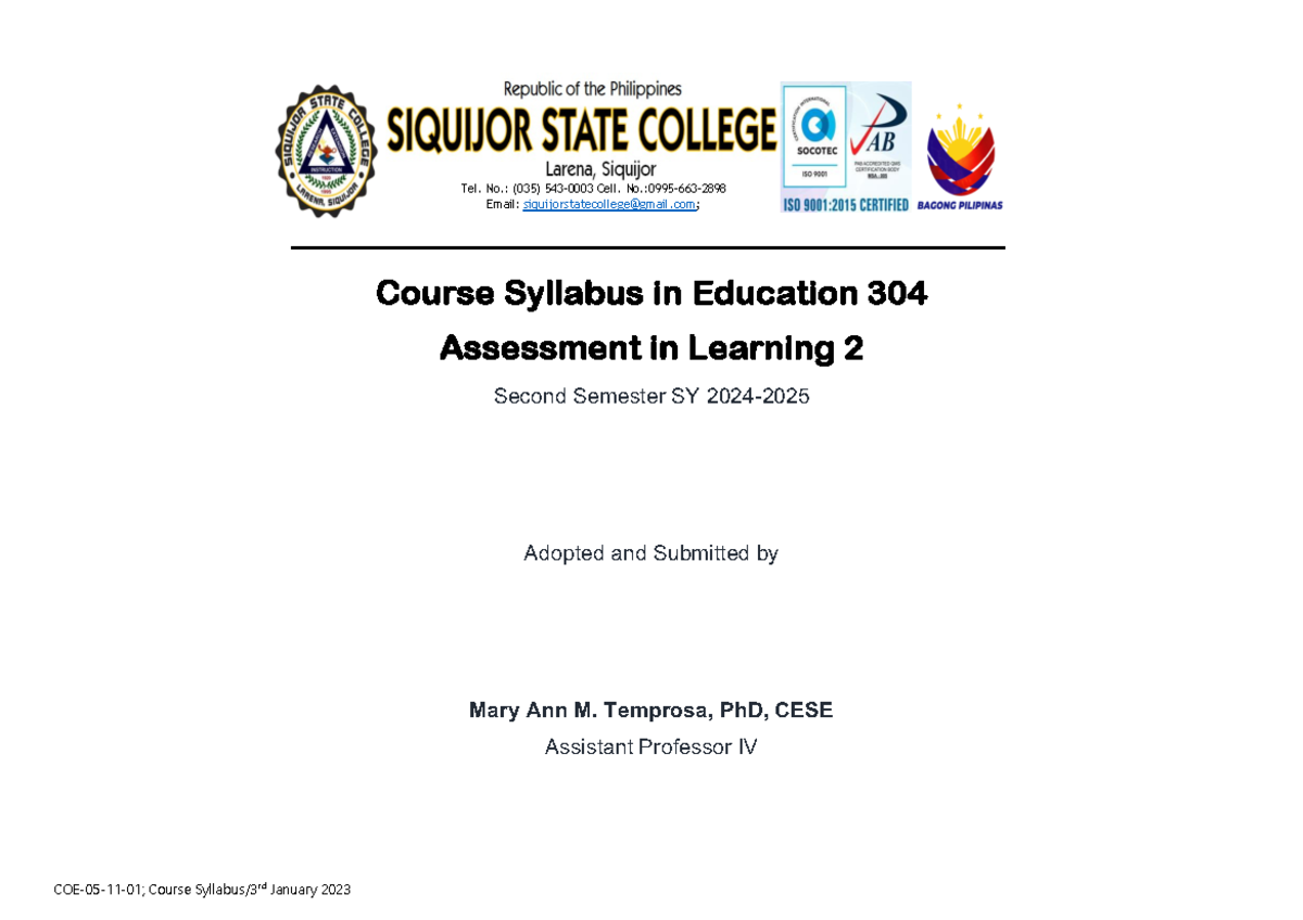 Course Syllabus for Assessment in Learning (EDU 304) SY 2024-2025 - Studocu