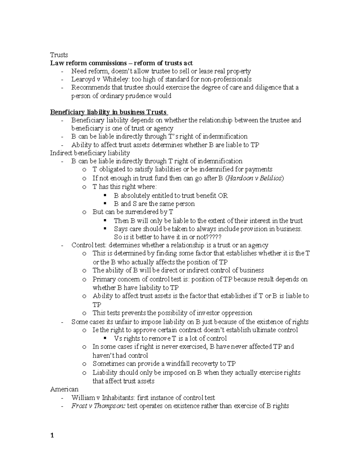 Trusts (LAW 301) - Summary of Key Concepts and Case Law - Studocu