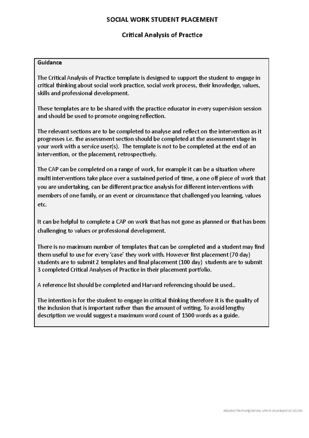 Critical Analysis of Practice Template for Social Work Placement - Studocu