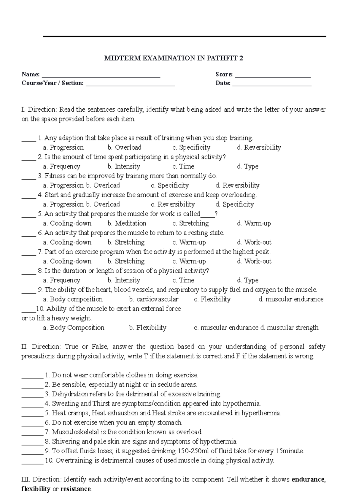 Midterm Exam Review: Pathfit 2 Updated Study Guide - Studocu