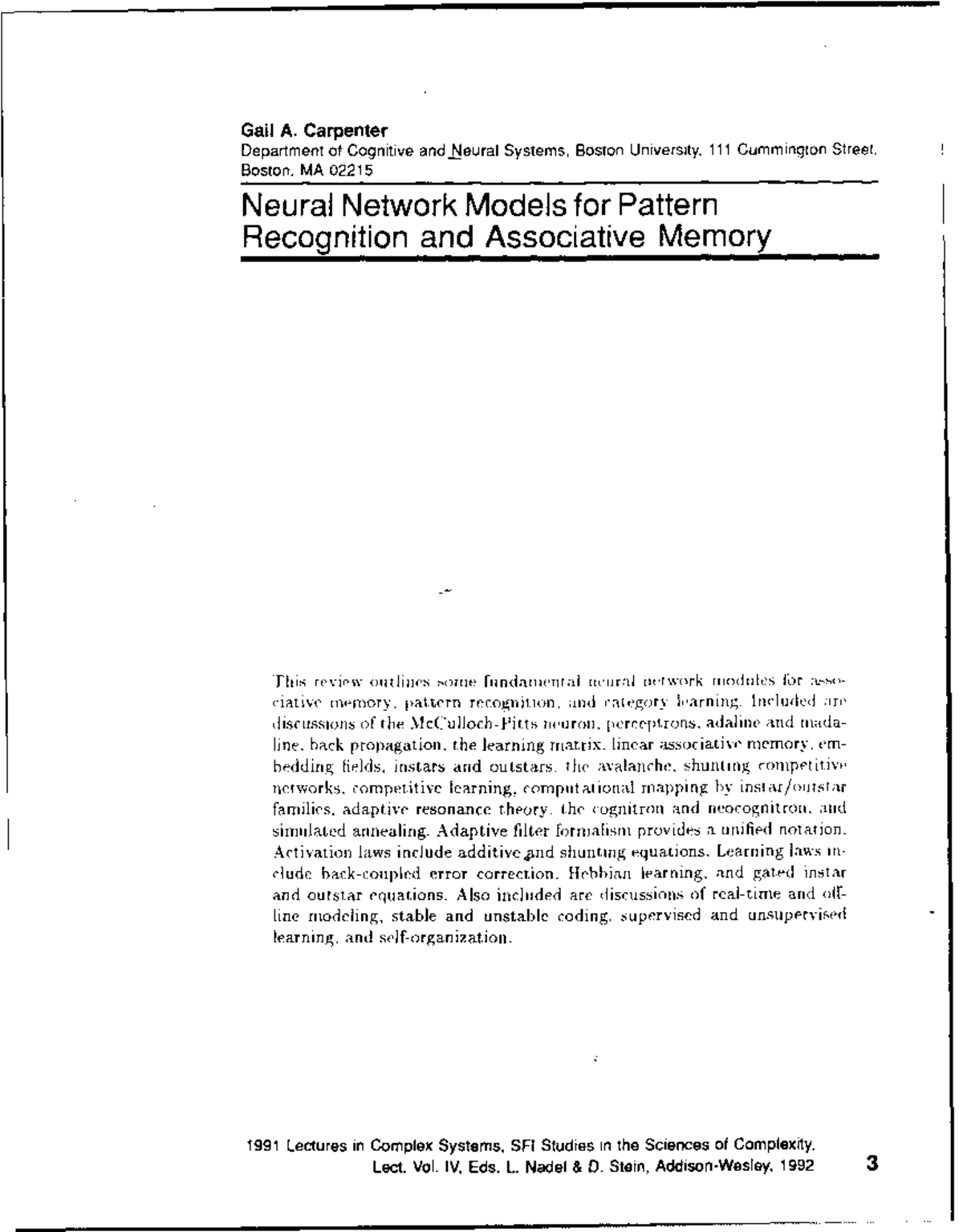 Neural Network Models for Pattern Recognition and Associative Memory ...