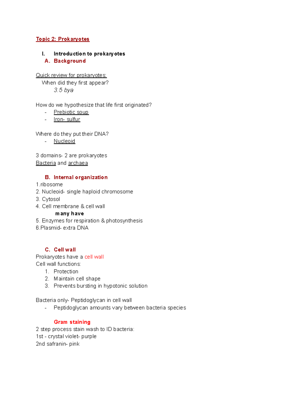 Biology 2 topic 2 - Topic 2: Prokaryotes I. Introduction to prokaryotes ...