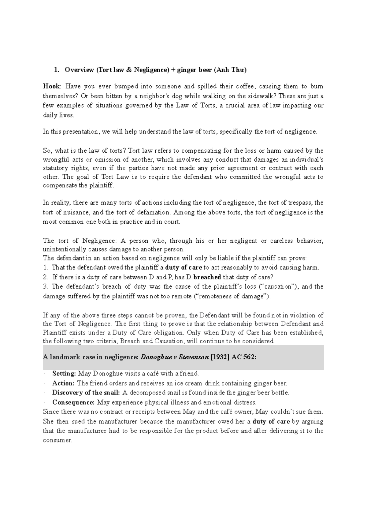 BL - Final Exam Study Notes: Law of Torts & Negligence Concepts - Studocu