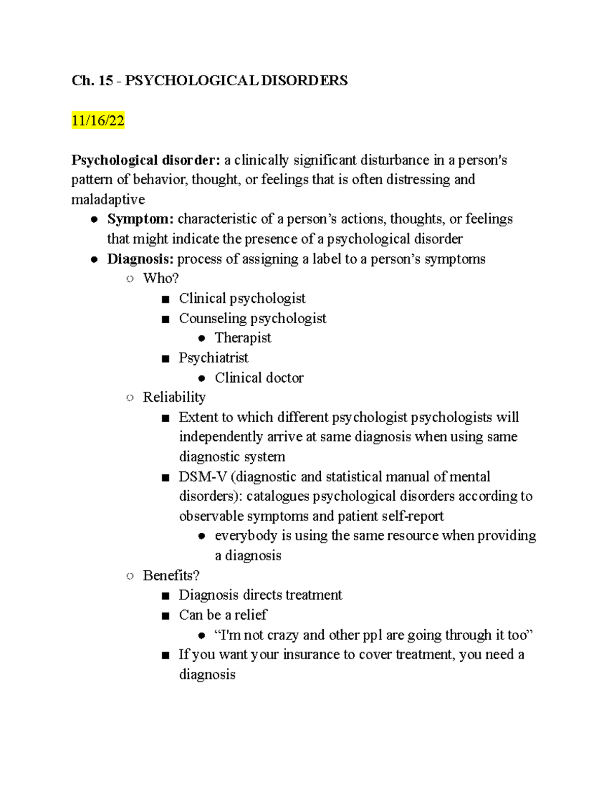 Ch. 15 - Overview of Psychological Disorders and Their Impact - Studocu
