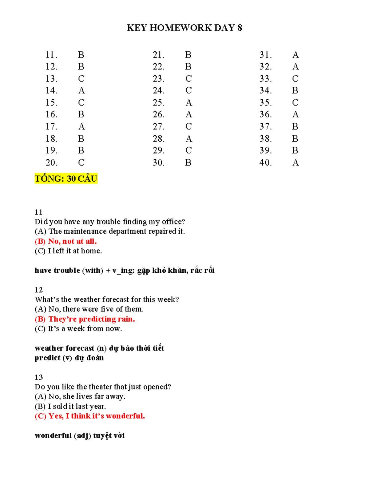 KEY HW DAY 8 - TA CƠ BẢN ANSWERS AND NOTES - Studocu