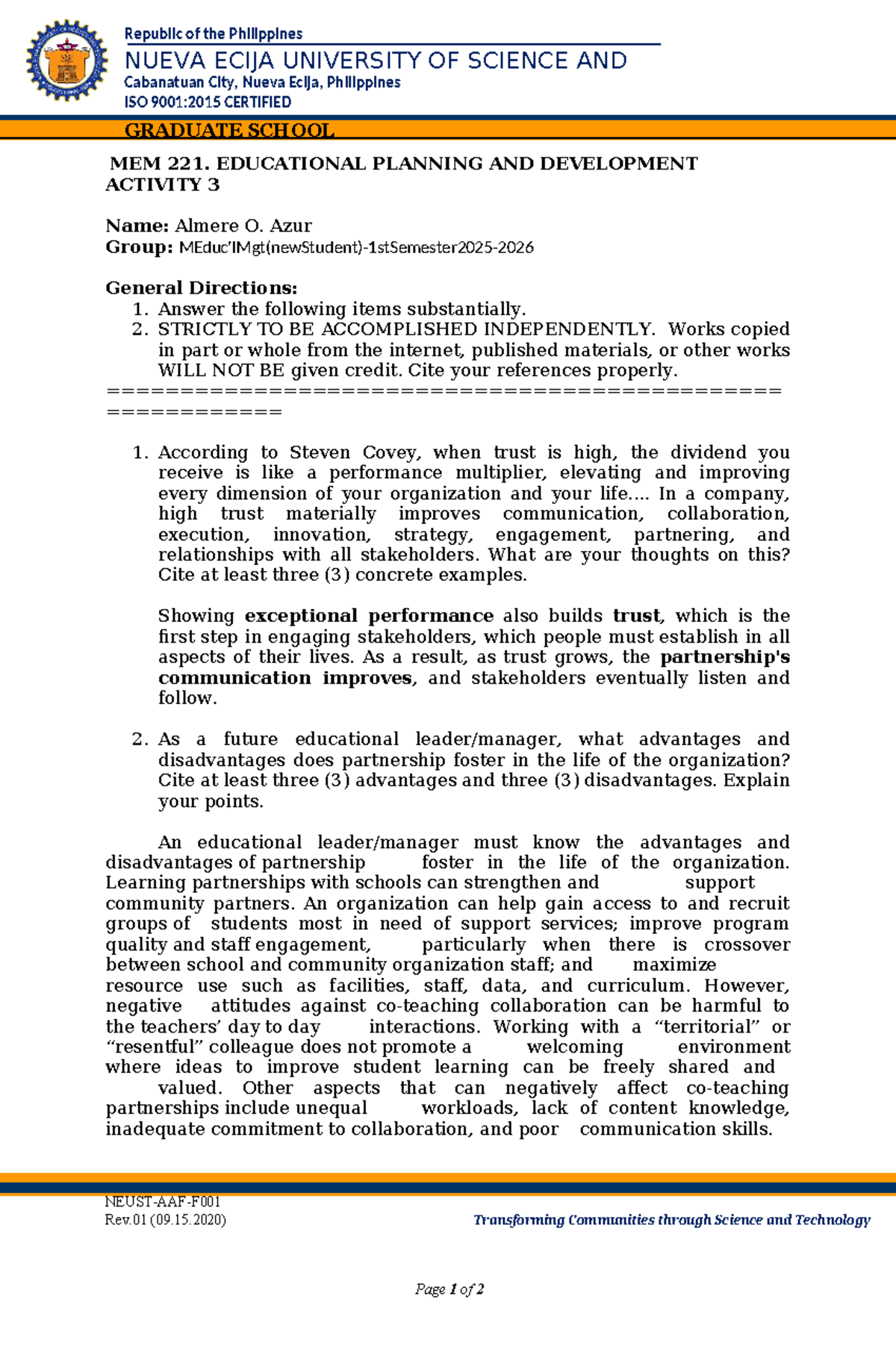 Neust MEM 221 Educational Planning Activity 3: Trust & Partnerships ...