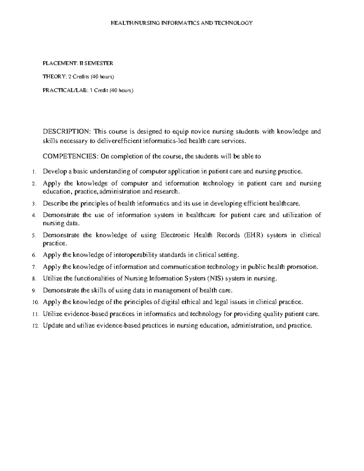 Health Nursing Informatics Technology - II Semester Course Details ...